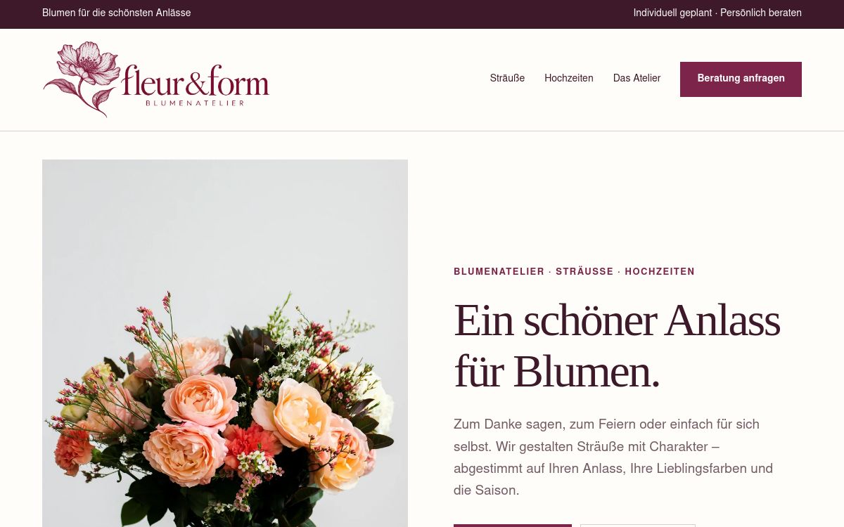 Ansicht der FLEUR & FORM-Musterwebsite mit Logo, Navigation und Startbereich